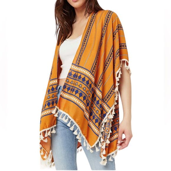 Ardene Bohemian Geometric Print Kimono Tassel Fringe Orange One Size - Picture 7 of 7